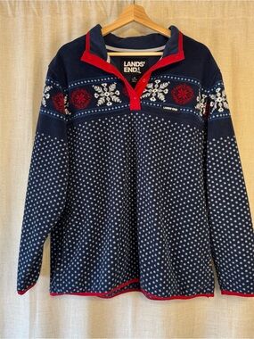 Lands' End 1X Fair Isle Mock Neck Snap Fleece Pullover Snowflake Nordic Winter